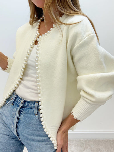 Pearl Trim - Ripped Hem Cardigan