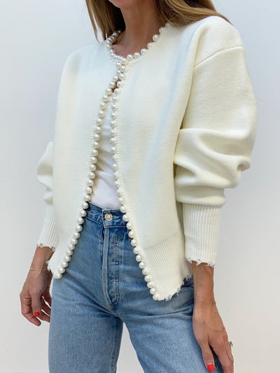 Pearl Trim - Ripped Hem Cardigan