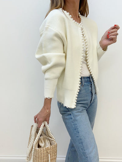 Pearl Trim - Ripped Hem Cardigan
