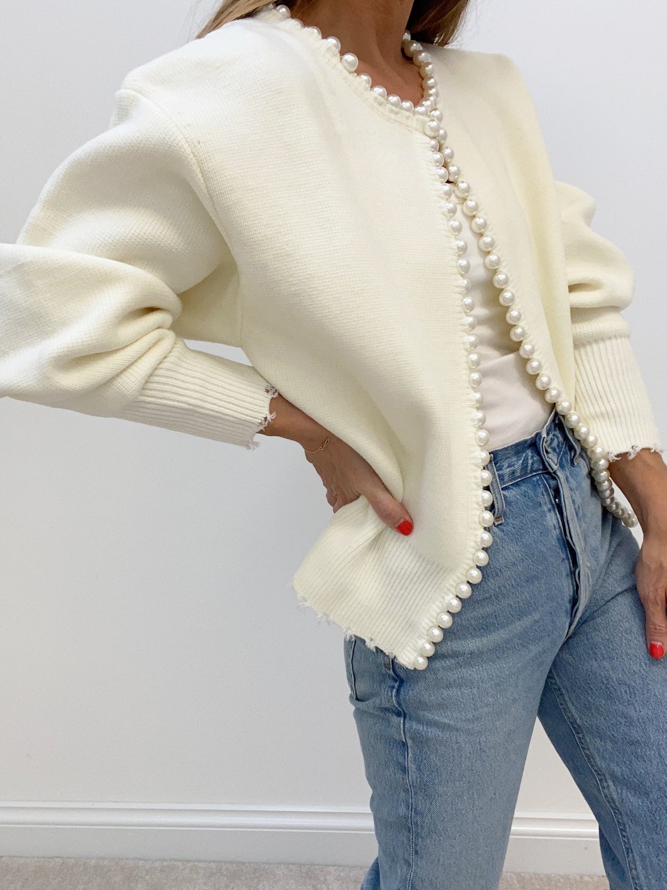 Pearl Trim - Ripped Hem Cardigan