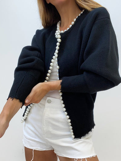 Pearl Trim - Ripped Hem Cardigan