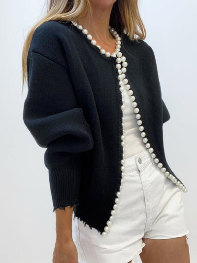 Pearl Trim - Ripped Hem Cardigan