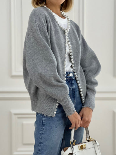 Pearl Trim - Ripped Hem Cardigan