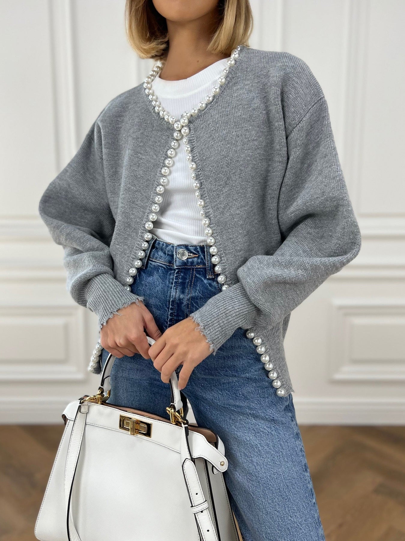 Pearl Trim - Ripped Hem Cardigan