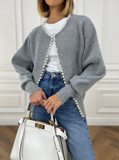 Pearl Trim - Ripped Hem Cardigan