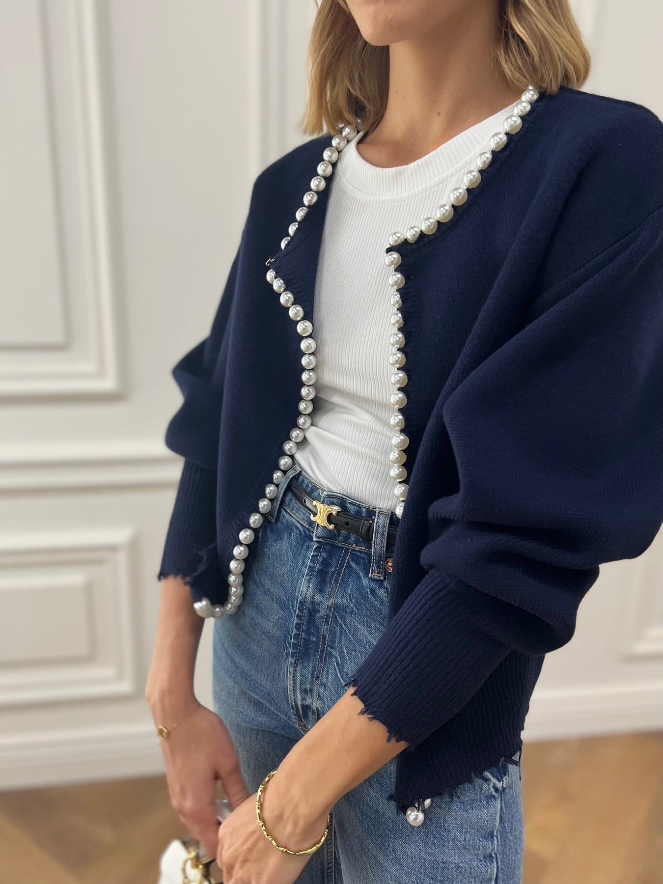 Pearl Trim - Ripped Hem Cardigan