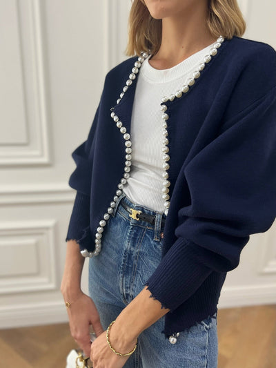 Pearl Trim - Ripped Hem Cardigan