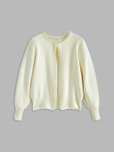 Pearl Trim - Ripped Hem Cardigan