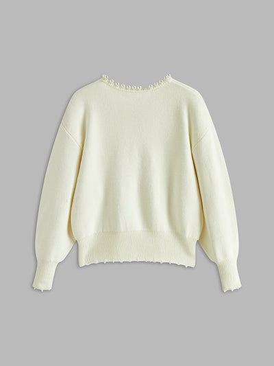 Pearl Trim - Ripped Hem Cardigan