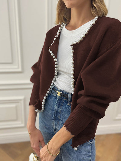 Pearl Trim - Ripped Hem Cardigan