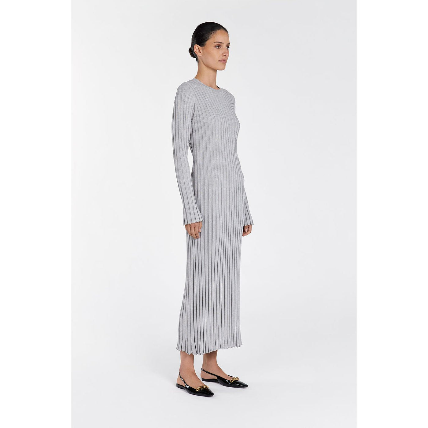 Ada Silver Long Sleeve Midi Dress | Elegant Design